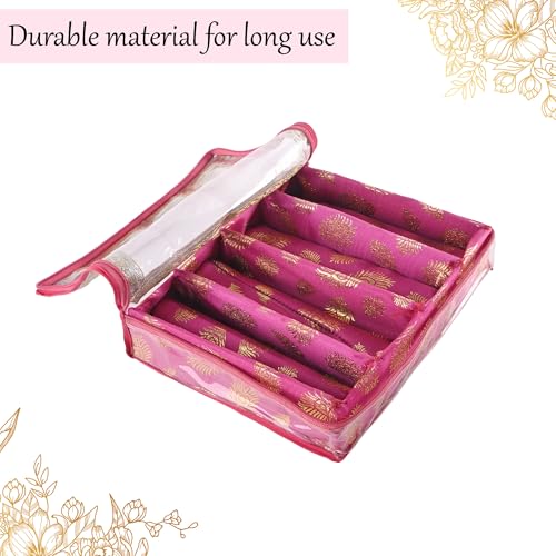 Image of Kuber Industries Transparent 4 - Rod Removable Bangle Organisers Storage Box with Zip | Wedding Jewellery Organizer Case & Bangle Box for Women with Small Mirror | Mor Pankh Print -Pink