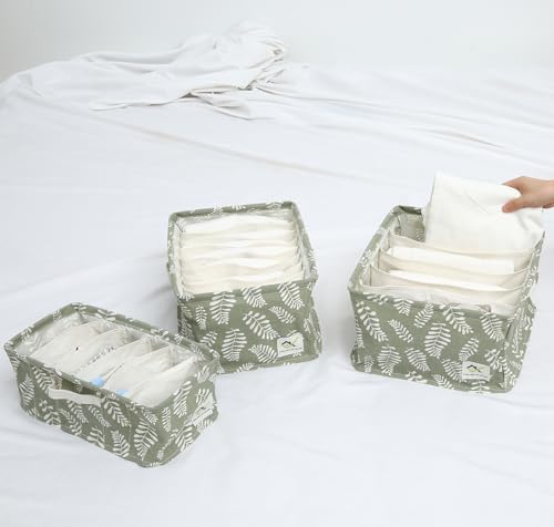 Image of House of Quirk Cotton Linen Set Of 3 Underwear Organizer Set - 5 /6 /9-Compartment Dividers For Closet & Drawer (Green Meadow), Clothing