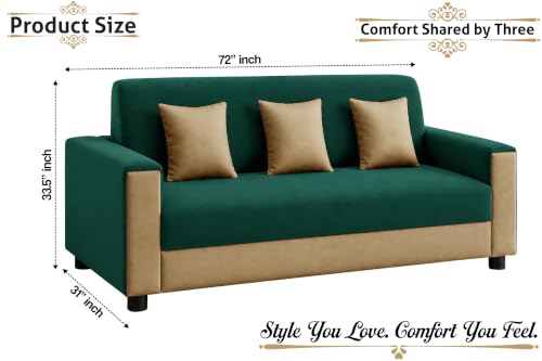 Image of Modern 3 Seater Sofa | Contemporary Upholstered Couch | Premium Cushioned Seating | Stylish Armrest Design | Comfortable Sofa for Living Room, Bedroom & Office - Green + Beige Color