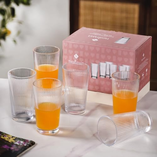 Image of Nestasia Transparent Juice Glasses Set of 6 (300ml Each) - Chip & Scratch Resistant Ribbed Textured Tumblers | Ideal for Water, Juice, Cocktails, Mocktails - Perfect for Gifting