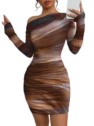 Acelitt Off the Shoulder Dress for Women 2026 Tie Dye Mesh Long Sleeve Ruched Bodycon Cocktail Party Mini Dresses Brown Large