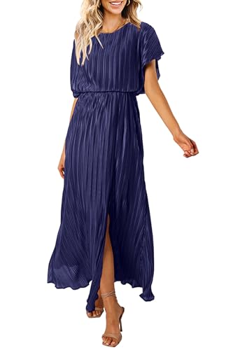 Image of CCTOO Womens Summer Maxi Dresses: Casual Short Sleeve Crewneck Slit Sundress Ruffle Pleated Long Flowy Party Cocktail Dress