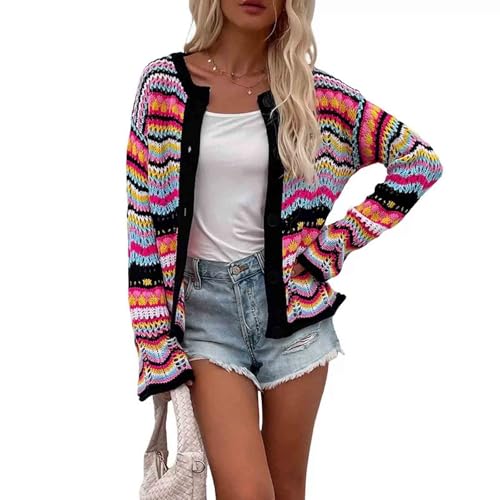 Image of Autumn and Winter Rainbow Striped Sweater Loose Knit Sweater Women's Sweater Cardigan