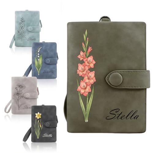 Image of Custom Wallet for Women Personalized Birth Flower & Name Purse Soft Leather Bifold Clutch with Strap Customized Gift for Mom Girlfriend