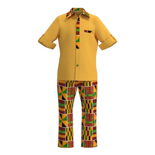 Image of XIAOHUAGUA African Clothes for Boy Kids African Outfit 2 Pcs Set Kente Print Shirt and Long Pants