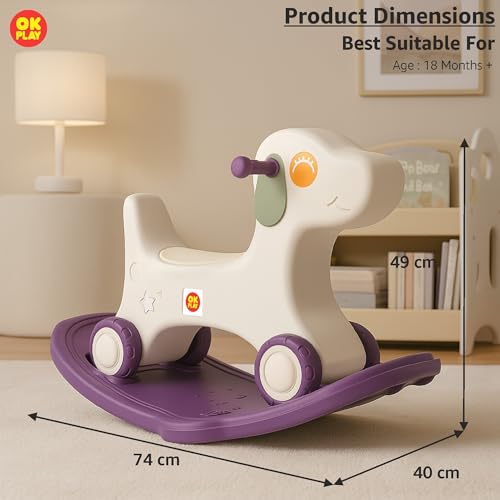 Image of OK PLAY 3 in 1 Puppy Rocker Combo for Kids | Push On Ride On | Balancing Board | Backrest | Easy Grip | Anti Skid | Four Wheel | Indoors and Outdoors Games | Light-Weight | Purple & Ivory