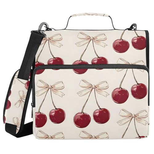 Image of Cherry Pink Bow Cherries Zipper Binder Bag 3 Ring Binder with Shoulder Strap Zip Up 500 Sheets Capacity Multi Pockets for School Office Supplies