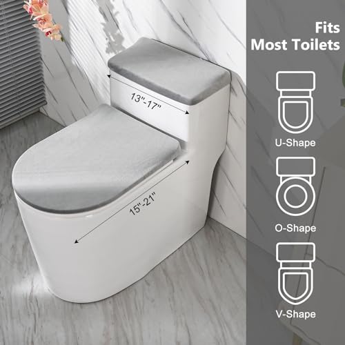 timecity Toilet Lid Cover Toilet Tank Cover Stretch Velvet Bathroom Toilet Lid Seat Cover Set Washable Soft Toilet Protector Cover,Fits Most Toilet Tanks & Lid, Light Grey