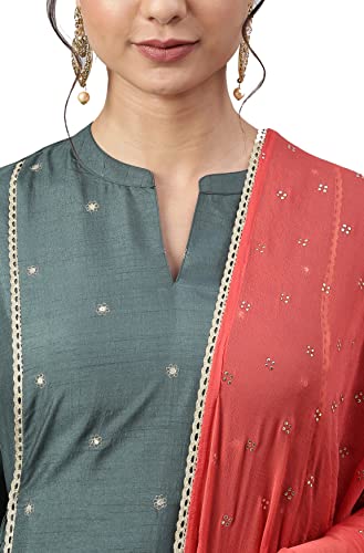 Image of Janasya Women's Dark Green Poly Silk Embellished Kurta with Pant and Dupatta