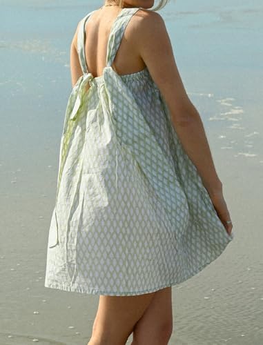 Image of Women Floral Tie Shoulder Mini Dress Cute Square Neck Loose Fit Beach Short Dress Backless Boho Vocation Sundress