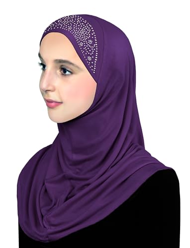 Aiyah Hijab Scarf Big Girls/Kids Pre-teen Headscarf one piece Junior Muslim Amira with Rhinestones (Purple)