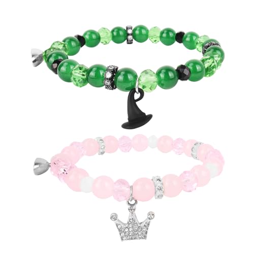 AULEEP Matching Bracelets Wicked Merch for Friends Crystal Beads Bracelet Friendship, Elphaba Doll Wicked Gifts Healing Natural Stones 8mm, Birthday Gifts for Women Couples Pink and Green