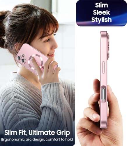 Image of DIZORO Magnetic Case for iPhone 17 Case [Compatible with MagSafe][Built-in Camera Lens Protector] Slim Soft Silicone Bumper Shockproof Metallic Luster Back Cover Phone Case - Pink