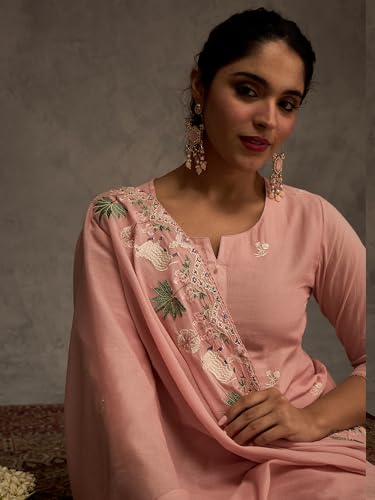 Image of INDO ERA Women's Pure Cotton Floral Embroidered Straight Kurta with Pant & Dupatta Set (IESTR11757)