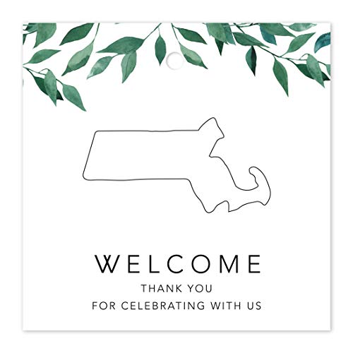Andaz Press OOT Out of Town Wedding Gift Favor Bag Tags, 2-inch Square, Greenery Green Leaves Theme, Massachusetts, Welcome, Thank You for Celebrating with US, 24-Pack