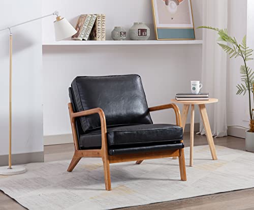 Kinffict Upholstered Mid Century Accent Chair, Comfy Lounge Armchair With Thicken Cushion, Modern Wooden Arm Chair, Sturdy Reading Chair For Living Room, Bedroom, 300 Lbs Weight Capacity, Black #TOP3