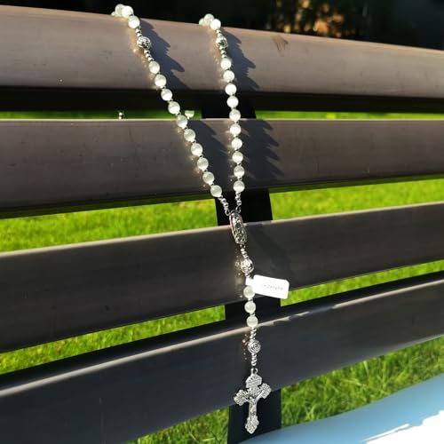 Catholic Rosary Necklace for Women & Men - White Stone & Stainless Steel Beads with St. Benedict Medal & Cross4