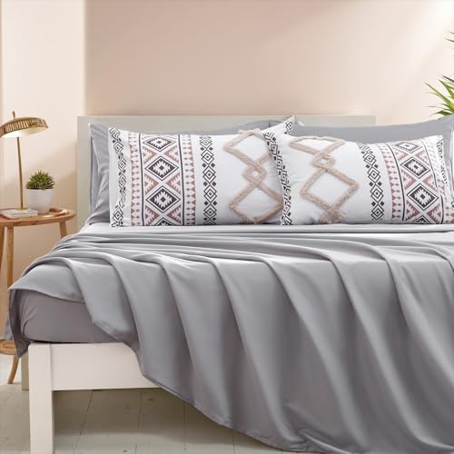 Image of MOVE OVER Tufted Comforter Set King Size Boho Comforter Set 7 Pieces Bed in a Bag King 100% Soft Microfiber Aztec Comforter Set Shabby Chic Farmhouse Style Beige and Gray Fluffy Tufted Bedding Set