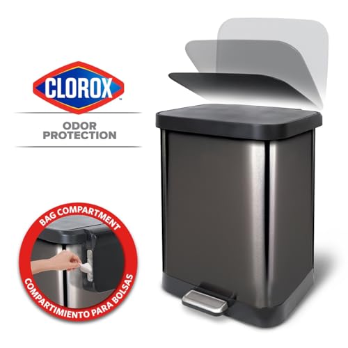 Image of Glad Stainless Steel Step Trash Can with Clorox Odor Protection | Large Metal Kitchen Garbage Bin with Soft Close Lid, Foot Pedal and Waste Bag Roll Holder, 13 Gallon, Pewter