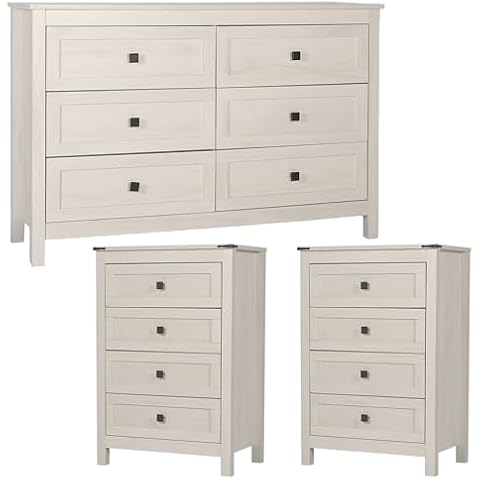 CATMIX Farmhouse 6 Drawers Dresser, Wood Double Dresser Chest of Drawers Wide Storage Organizer Cabinet for Bedroom, Living Room, Rustic Grey, 6 Drawer and 2pcs 4 Drawer Dresser Cover