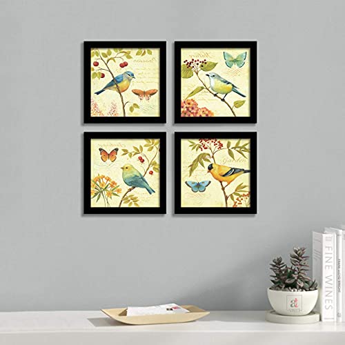 PAINTINGMANTRA Jardin Bird Framed Painting/Posters for Room Decoration, Set of 4 Black Frame Art Prints/Posters for Living Room (4 Unit, 9 x 9 Inches)