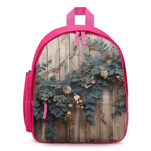 Leaves Floral on Rustic Wood Backpack Small Book Bag with Side Pocket, Lightweight Durable Backpack, Travel Rucksack, Pink-style