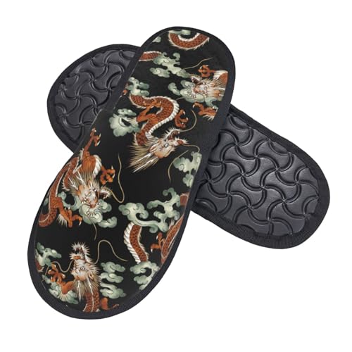 Unisex Cozy Indoor Furry Slipper Japanese Dragon Winter Plush House Slippers Warm Bedroom Shoes2