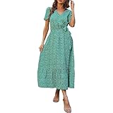 Floral Womens Dresses V Neck Wrap Ruffle Short Sleeve Maxi Dress Flowy Long Dresses Casual Boho Beach Dresses Elegant High Waist Maxi Dresses Fashion Maternity Dresses Maternity Clothes Summer/Summer