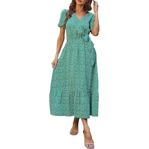 Floral Womens Dresses V Neck Wrap Ruffle Short Sleeve Maxi Dress Flowy Long Dresses Casual Boho Beach Dresses Elegant High Waist Maxi Dresses Fashion Maternity Dresses Maternity Clothes Summer/Summer