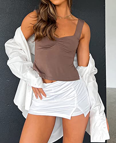 BAIGRAM Women’s Sleeveless Slim Crop Tank Top Sexy Pleated Bustier Sweetheart Neck Strappy Slits Cropped Vest Cami3