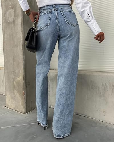 Women's Vintage High Waisted Stretchy Straight Leg Jeans Trendy Loose Washed Raw Hem Wide Leg Denim Pants4