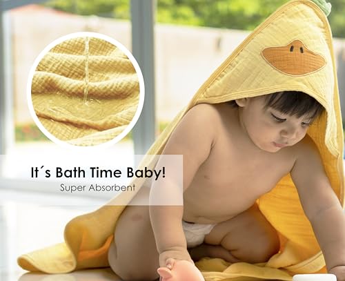 Image of Hooded Muslin Baby Towel - Soft & Absorbent Cotton Bath Wrap for Newborn, Infant & Toddler - Yellow Duck Design - 32x32 Quick Dry - Hypoallergenic