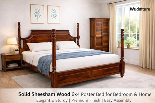 Image of Wudniture Solid Sheesham Wood 6x4 Poster Bed Without Storage | Wooden Single Bed Cot for Home, Bedroom & Hotel | Premium Finish