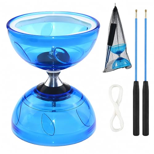 WDKXCN Diabolo mit Kugellager Diabolo Jonglierset Set mit LED Licht und Handstäben Transparent Weichgummi Jonglier Set mit Ersatzschnur und Netztasche Freizeitsport für Anfänger Profis Blau