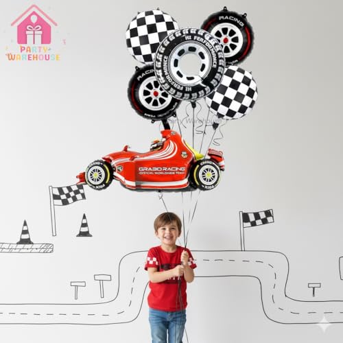 Image of Party Warehouse Racing Car Balloon Set for Boys Birthday-6Pcs |Race Theme Foil Balloons for Race Lovers|Red Car, Tyre & Checkered Flag Balloons for Kids /Adults Party Decorations