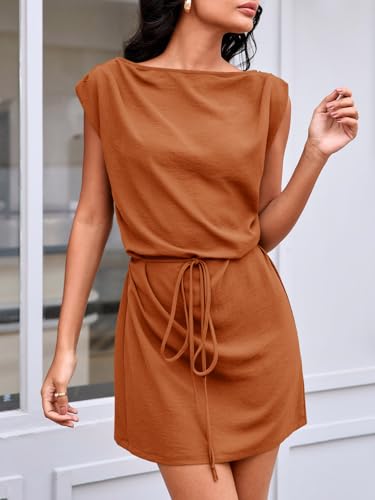Image of Wenrine Womens 2026 Summer Mini Dress Casual Sleeveless Tie Waist Loose Ruched Beach Vacation Short Sundresses
