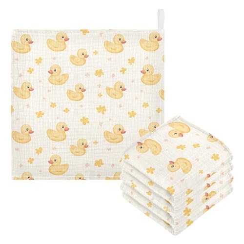 Image of vvfelixl Cute Yellow Rubber Ducks Baby Burp Cloths Baby Muslin Washcloths for Boys Girls Cotton Babys Face Towel for Newborn Infants Soft and Absorbent 11.8 X 11.8 in, 5 Pack