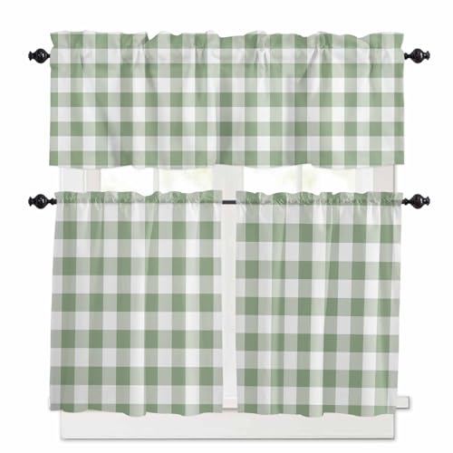 Sage Green Checkered Kitchen Curtains 24 Inch Length, 3 Piece Rod Pocket Small Half Tiers and Valance Set, Farmhouse Buffalo Plaid Small Large Window Treatment Decor for Bedroom/Bathroom Sink
