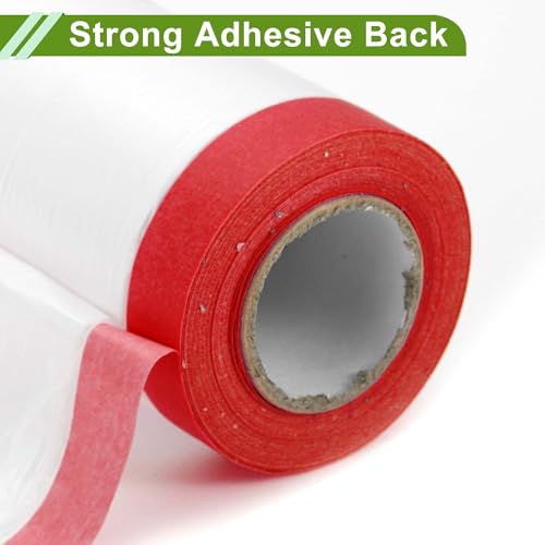 Image of Pre-Taped Masking Film Plastic Cover PE Film Masking Paper 1 Pc 2500x55cm / 82.02ftx21.65 inch White Red