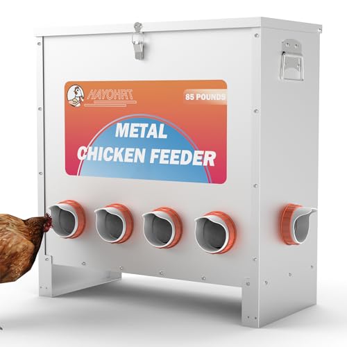 85-120LBS Capacity Chicken Feeder No Waste 10-Ports Automatic Large Poultry Feeder with Latch & Handle for Chickens Bantams Pheasants Poultry Coop Weatherproof