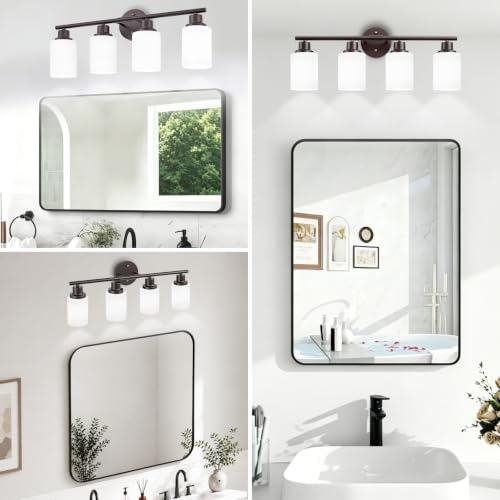 Image of 4-Light Bathroom Light Fixtures, Vanity Lights for Mirror with Textured Milky White Glass Shade, Modern Kitchen Light Fixtures Wall Sconce Light - E26 Base - Oil-Rubbed Bronze