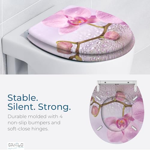 Image of Sanilo Wooden Toilet Seat with Quick Release & Soft Close [ROUND] - Decorative & Slow Close Molded Wood Seat - With One Click for Easy Installation & Cleaning - With Adjustable Fit (Blooming)