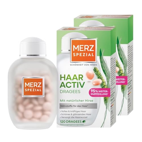 Merz Spezial Haar-Activ Dragees - Haar Vitamine für gesundes volles & glänzendes Haar - Nahrungsergänzungsmittel mit Biotin Zink & natürlicher Hirse - 2 x 120 Kapseln