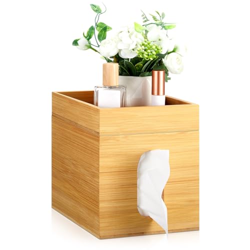 Skybooly Bamboo Tissue Box Cover with Storage Tray 6 x 6 x 7.4 Square Tissue Box Holder Decorative Cube Facial Tissue Holder for Bathroom Tissue Box Organizer for Office Toilet Bedroom Table
