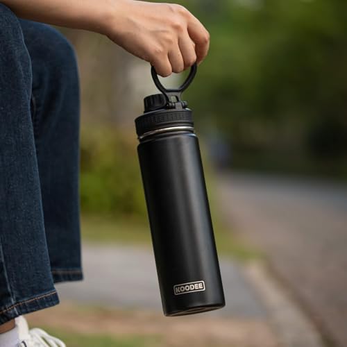 Image of koodee 26 oz Insulated Water Bottle Stainless Steel Double Wall Vacuum Metal Sports Water Bottle with Leakproof Spout Lid, Wide Mouth Water Bottle (Black)