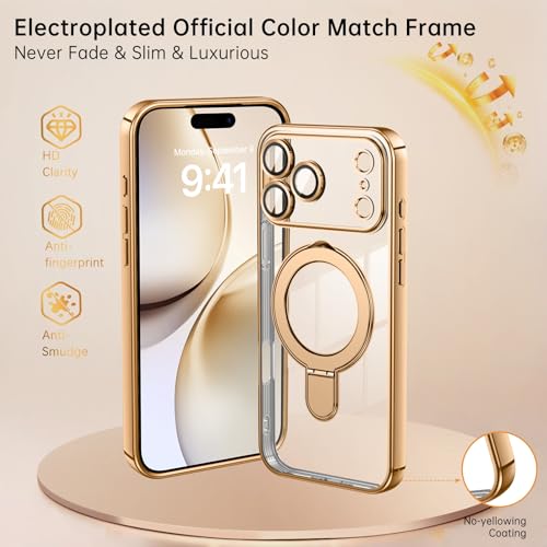 Image of DOMAVER for iPhone 17 Pro Max Case with Magnetic Invisible Stand [Military Drop Protection] [Compatible with MagSafe] Slim Shockproof Case for iPhone 17 Pro Max 6.9 Inch, Clear Gold