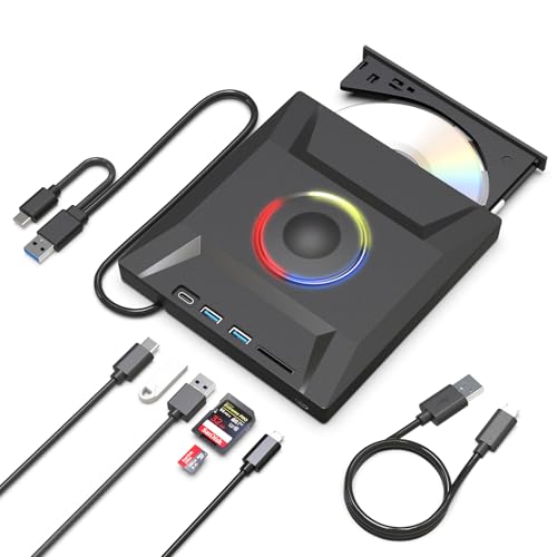 JKNJX External DVD Drive,USB 3.0 and Type-C CD Burner Player with 4 USB Ports and 2 TF/SD Card Slots,Portable Slim Optical Disk Drive for Laptop Mac PC Windows Linux OS