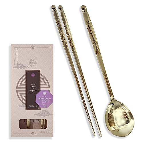 Balwoo [Made in Korea] Bamboo Design Sticky Rice Spoon Chopsticks Set Gold Titanium Plating 304 Stainless Steel Soup Spoon Ramen Noodle Chopsticks Flatware (1 Set)