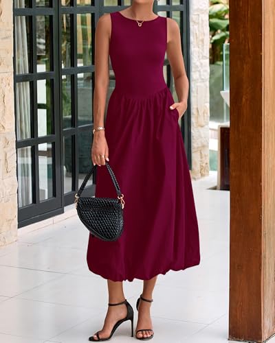 BTFBM Women's 2025 Summer Casual Sleeveless Midi Dress Patchwork Knit Tank Bubble Long Flowy Beach Maxi Sundress Pockets
