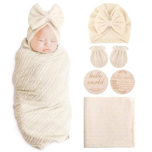Image of AQOKKA Newborn Receiving Blanket with Bow Hat Mittens Wooden Card Set Wheat-Pattern Newborns Toddler Baby Boy Girl Nursery Swaddle Wrap